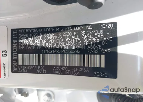 2021 Toyota Camry Xse Hybrid z USA, uszkodzony, nr VIN 4T1K31AK7MU550392